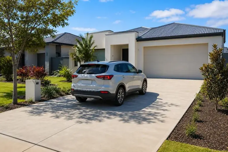 Completed new concrete driveway at a Perth home ready for vehicle use