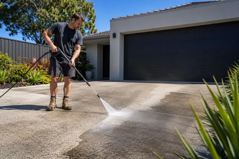 Professional concrete driveway cleaning with pressure washer at a Perth home removing built-up dirt and grime