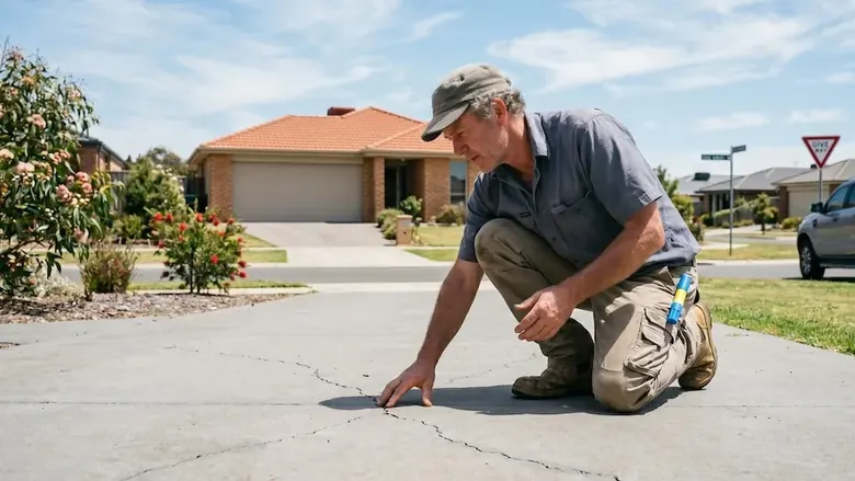 Inspecting cracks in a concrete driveway during driveway maintenance in Perth WA