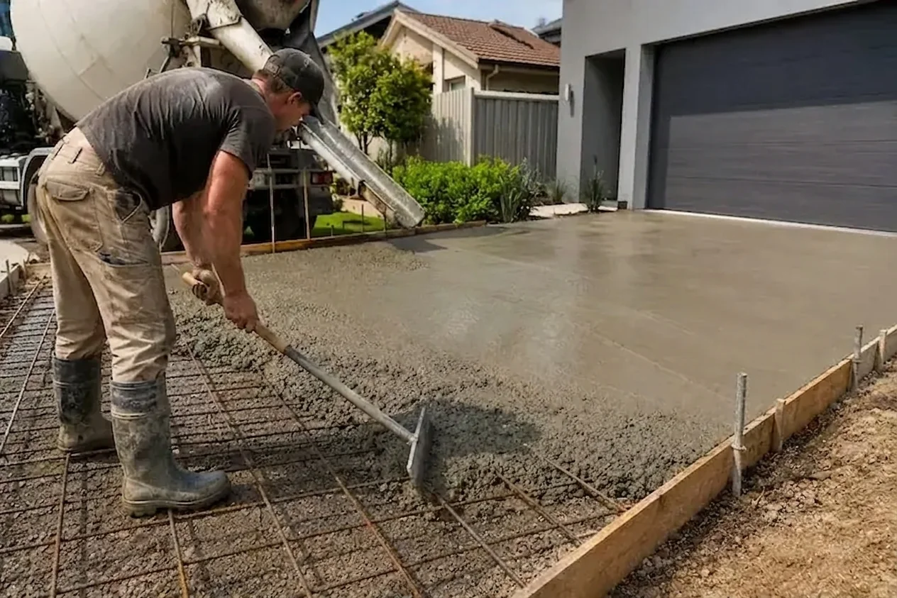 Concreter screeding freshly poured concrete over steel mesh on a driveway at a Perth home.