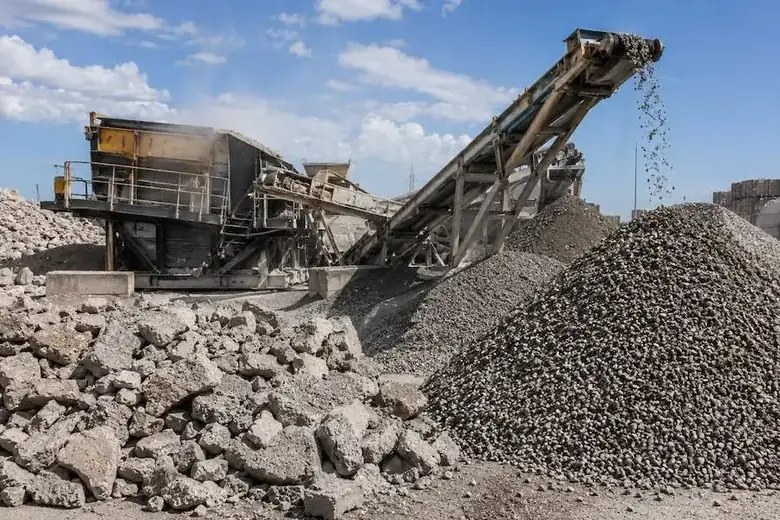 Recycled concrete aggregate being processed at an Australian concrete recycling facility