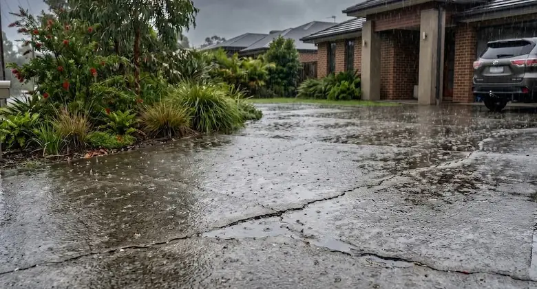 Water pooling on cracked concrete driveway during heavy rain in Perth WA