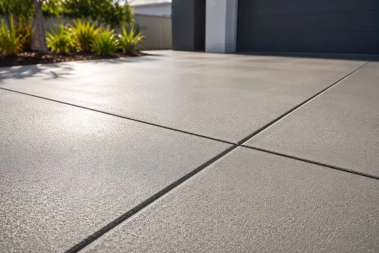 Close up of control joints on a new concrete driveway in Perth