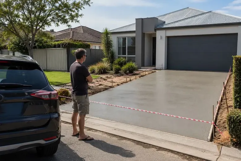 New concrete driveway curing at a residential property in Perth WA