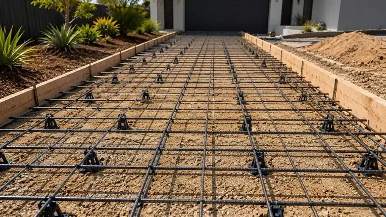 Steel rebar mesh correctly positioned for a residential concrete driveway in Perth, Western Australia.