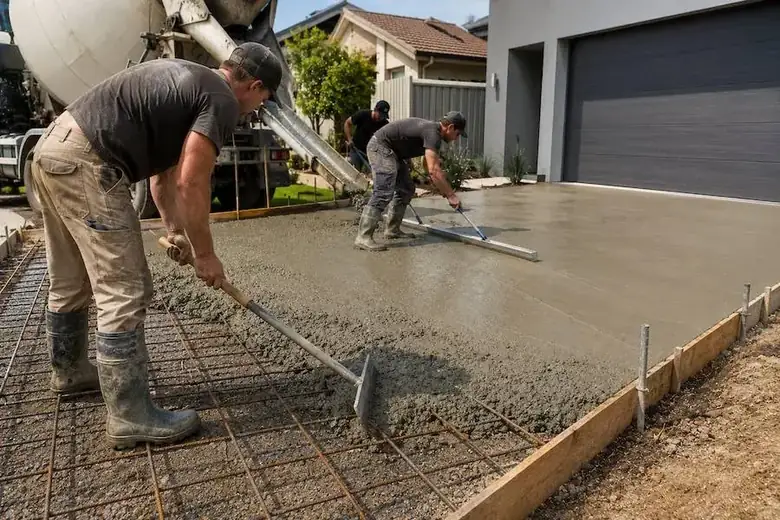 Concreters installing a new concrete driveway with reinforcement mesh in Perth WA