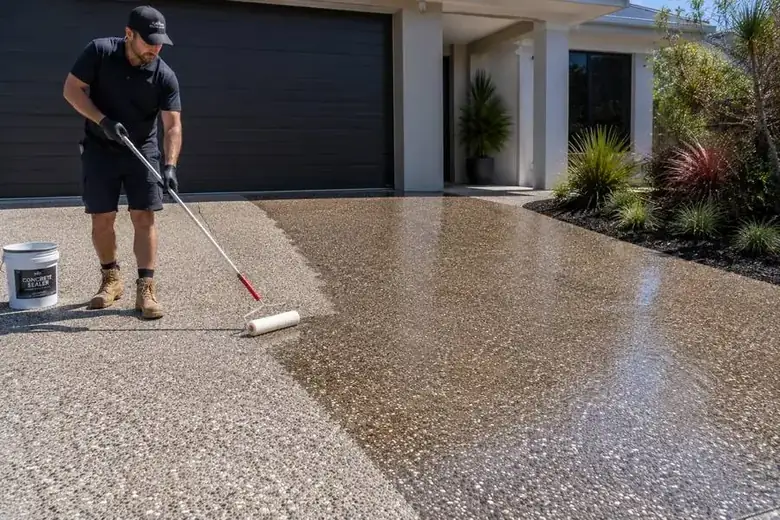 Applying sealer to an exposed aggregate driveway after professional concrete driveway cleaning in Perth