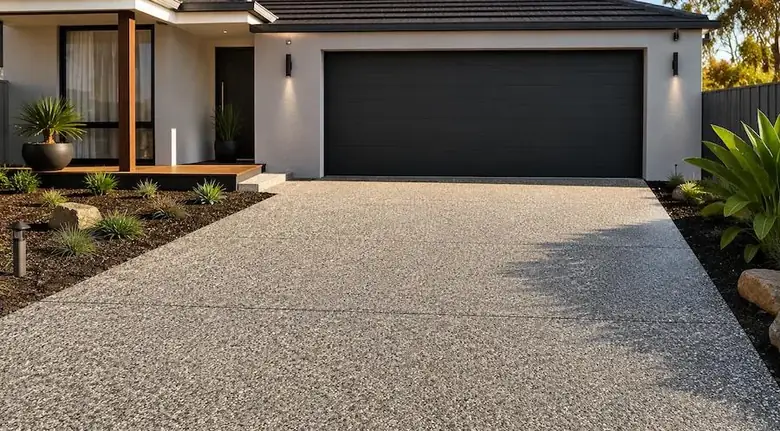 Exposed aggregate concrete driveway in Perth WA with modern single-storey home