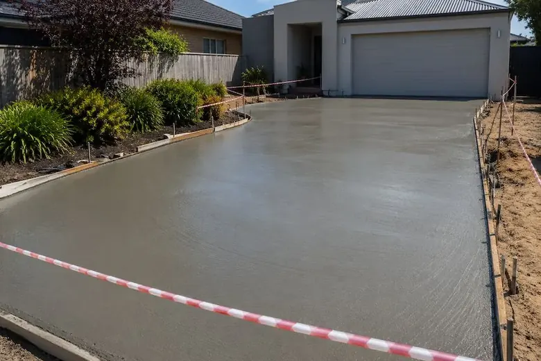 Freshly poured new concrete driveway in Perth during the curing process