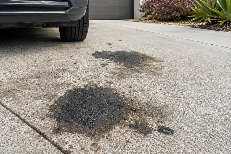 Oil stains on exposed aggregate concrete driveway requiring professional driveway cleaning in Perth
