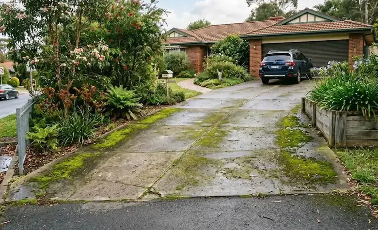 Concrete driveway with moss and algae buildup requiring driveway cleaning and maintenance in Perth WA