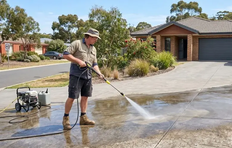 Pressure washing a concrete driveway in Perth WA as part of regular driveway maintenance