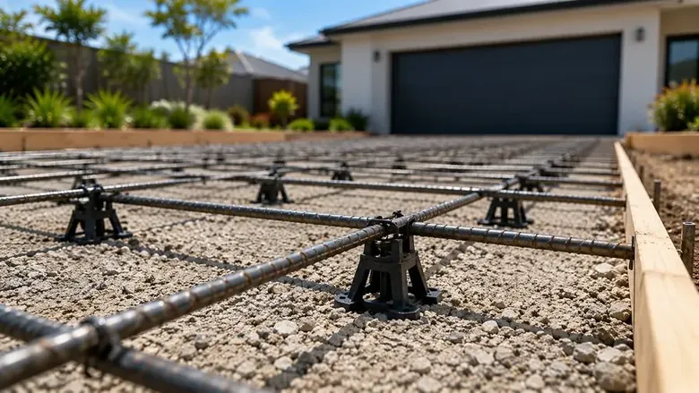 Close-up of rebar supported by bar chairs before pouring a concrete driveway in Perth, Western Australia.