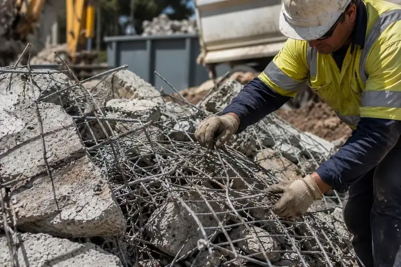 Steel reinforcement mesh separated from demolished concrete for recycling and disposal