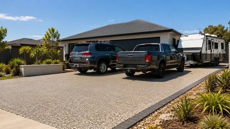 Finished reinforced concrete driveway supporting heavy vehicles at a Perth home.