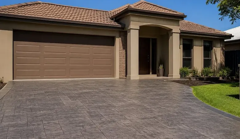 Stamped concrete driveway finish with decorative stone pattern at Perth home