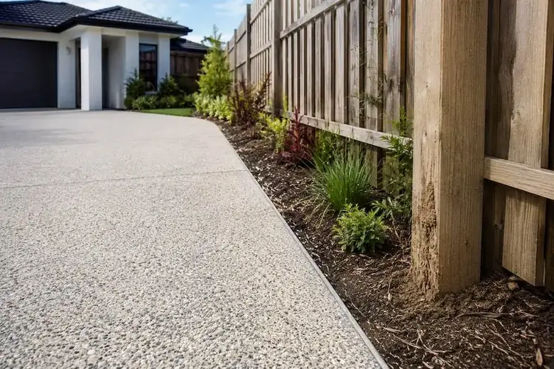 Termite damage in timber beside a concrete driveway