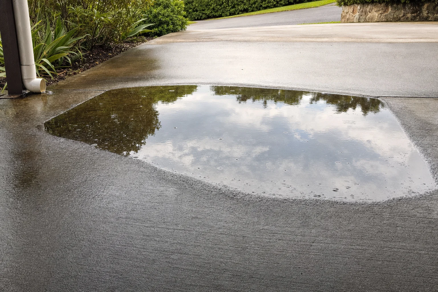 Rainwater pooling in a settled low spot on a concrete driveway, with a downpipe discharging beside the slab.