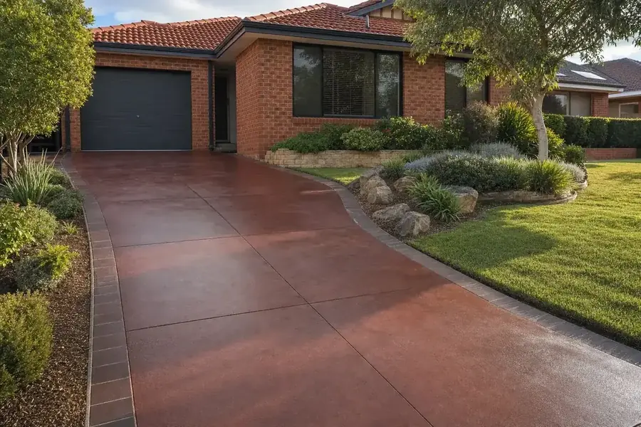Coloured concrete driveway shown at an angle