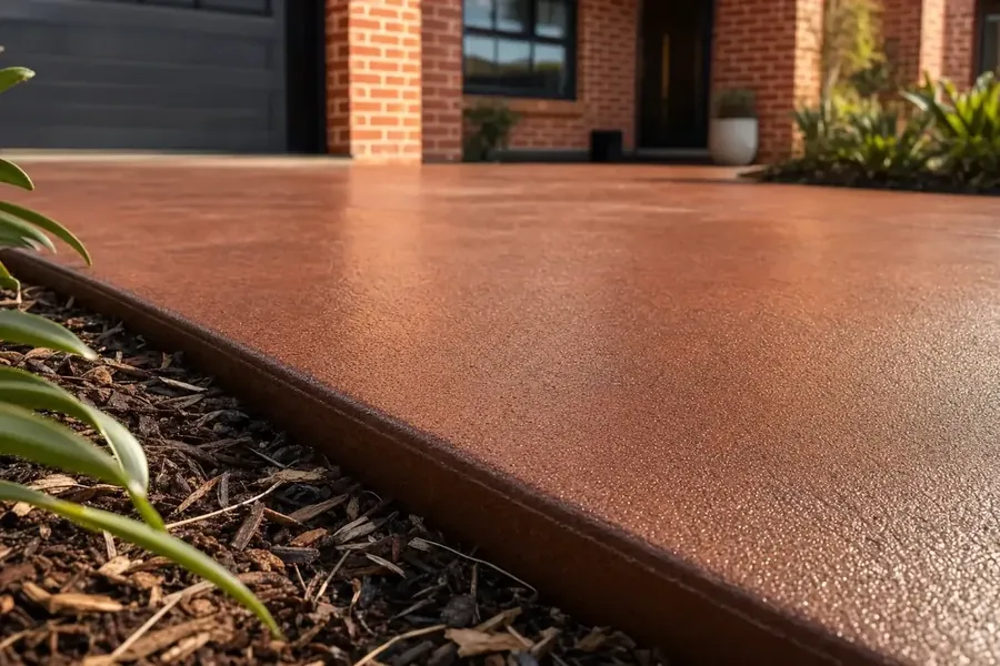 Close-up of a coloured concrete driveway in a warm oxide tone in Perth