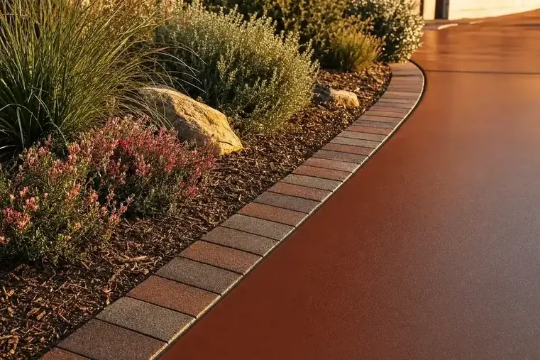 Edge of a coloured concrete driveway against landscaping