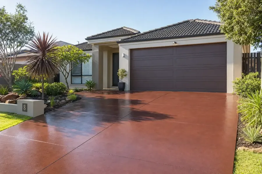 Coloured concrete driveway in front of a Perth home