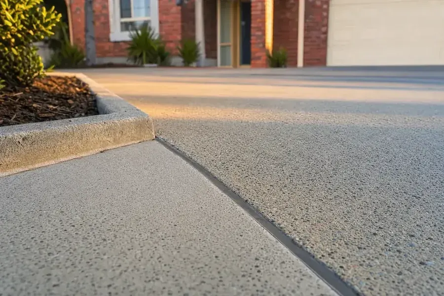 Close-up of a colour-matched concrete driveway repair in Perth