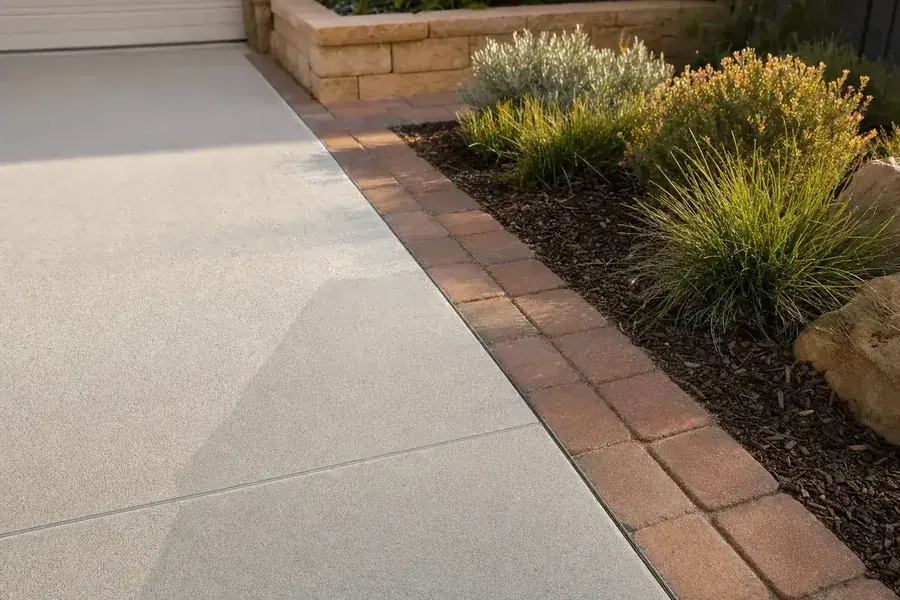 Edge of a repaired concrete driveway against landscaping
