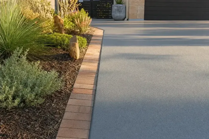 Edge of a resurfaced concrete driveway against a garden