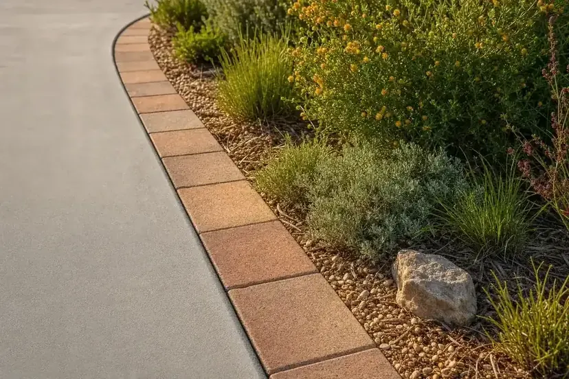 Edge of a concrete path against a garden bed