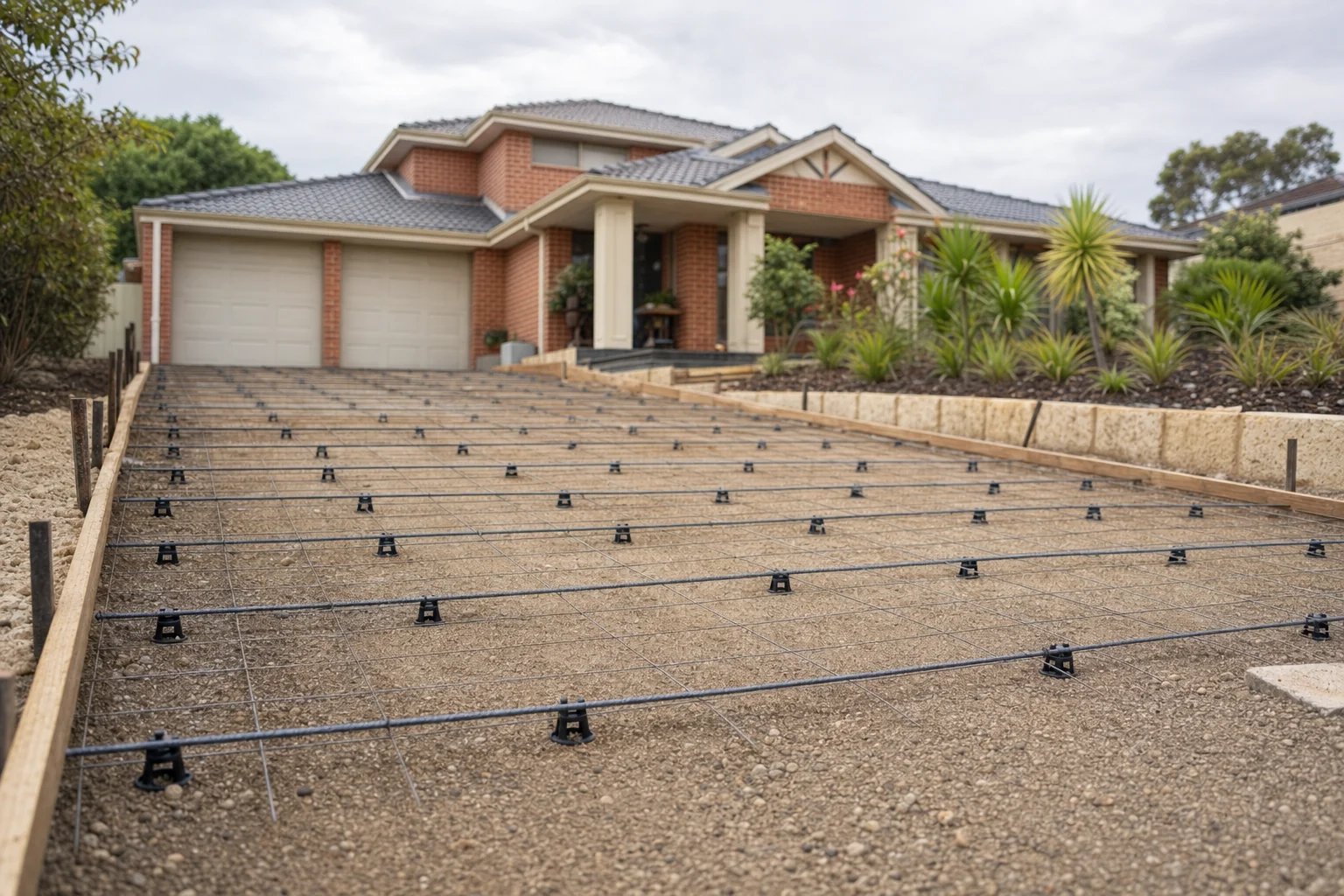 Compacted road-base sub-base with steel reinforcement on bar chairs and timber formwork, ready for a concrete driveway pour at a Perth home