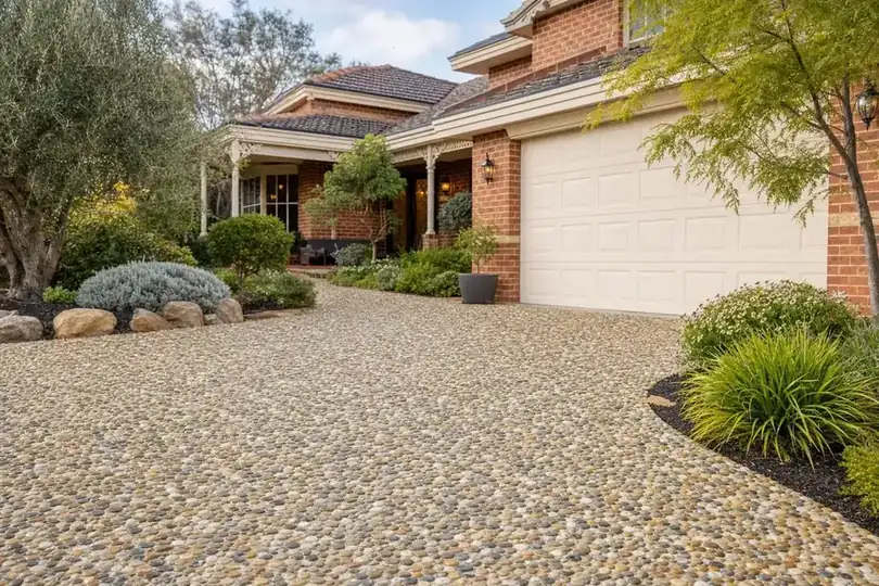 Exposed aggregate driveway shown at an angle