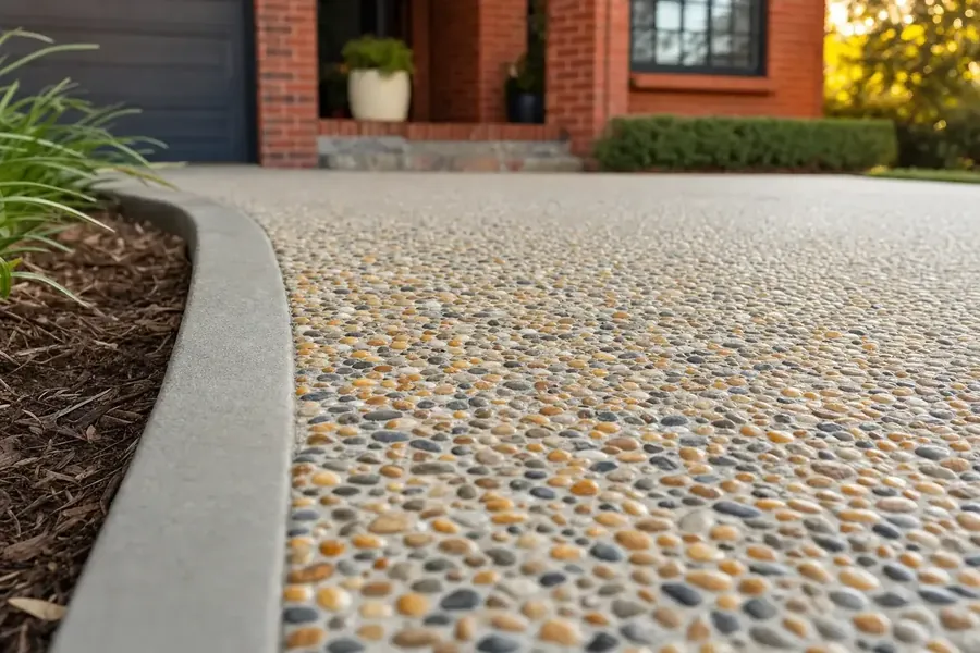 Close-up of a finished exposed aggregate concrete driveway in Perth