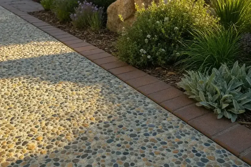 Edge of an exposed aggregate driveway against a garden border