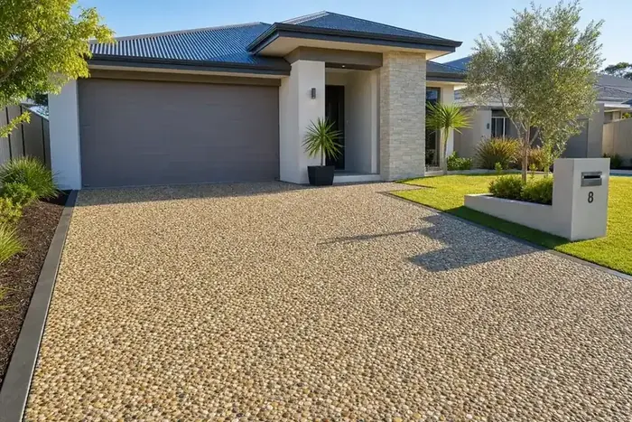 Exposed aggregate driveway in front of a Perth home