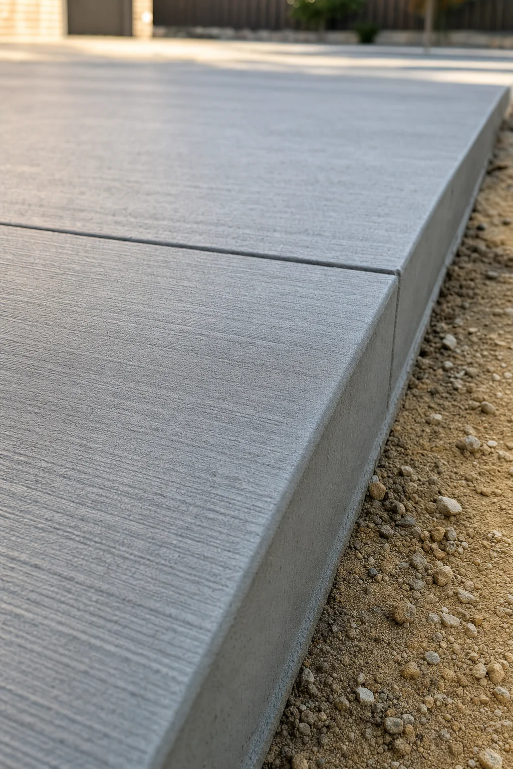 Close-up of a formed edge and saw-cut control joint on a new concrete driveway