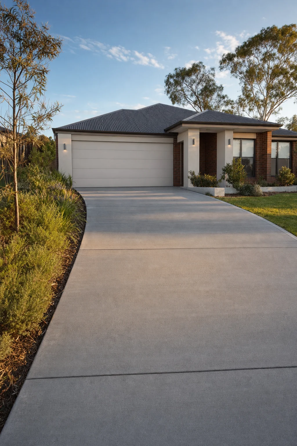 Finished plain grey concrete driveway running up to the garage of a Perth home