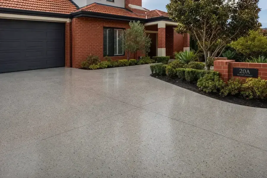 Honed concrete driveway shown at an angle