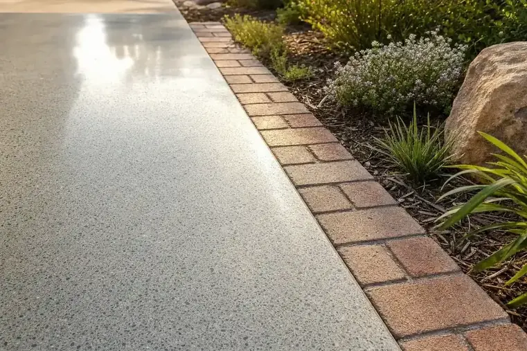 Edge of a honed concrete driveway against a garden