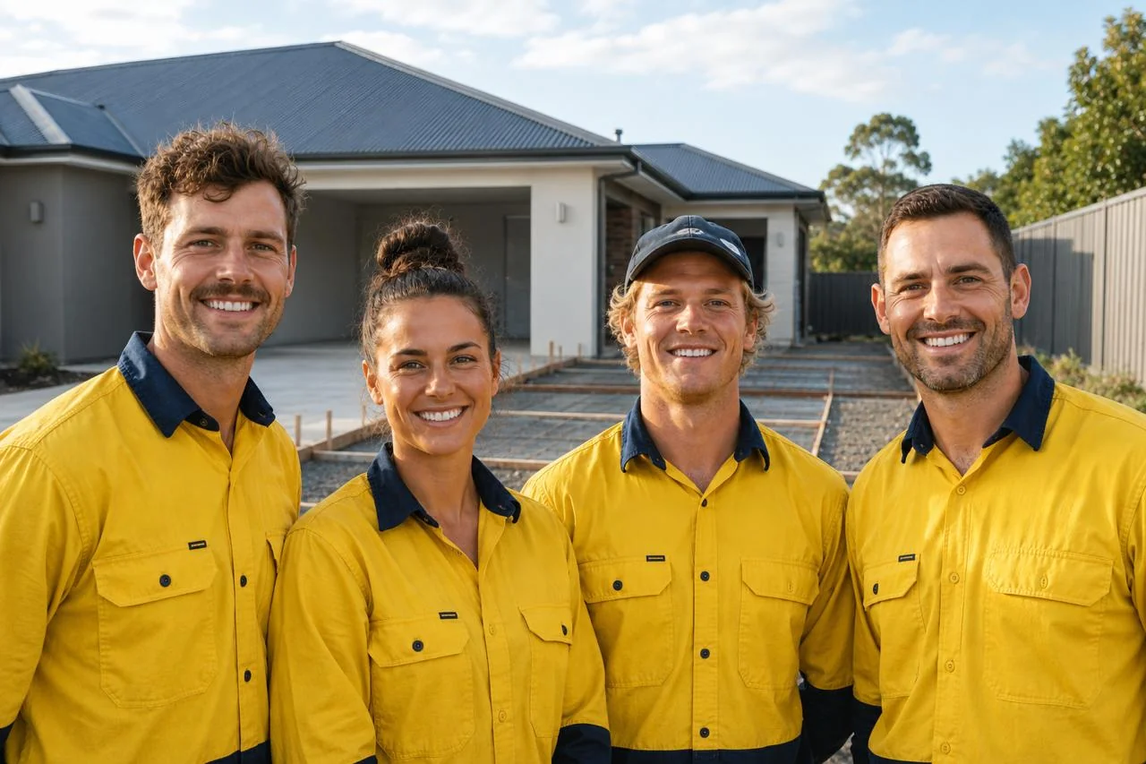 Four concrete specialists in yellow hi-vis work shirts in front of a Perth home with a prepared driveway base behind them