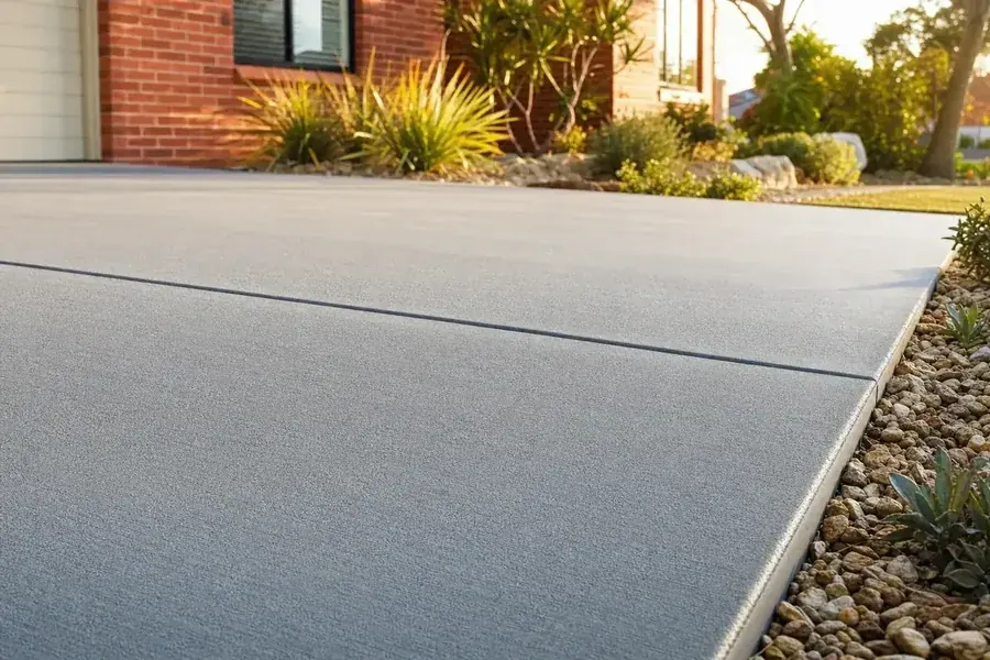 Close-up of a freshly finished plain grey concrete driveway with a clean control joint in Perth