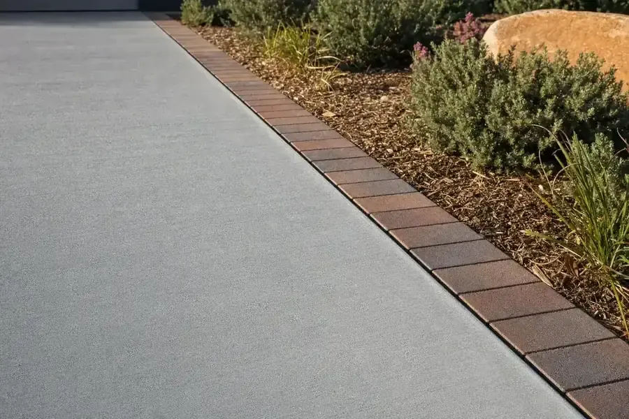 Edge of a plain grey concrete driveway meeting a brick paver border and native garden